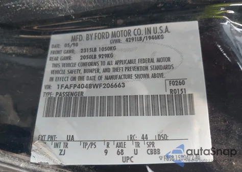 1998 Ford Mustang из США, поврежденный, VIN 1FAFP4048WF206663